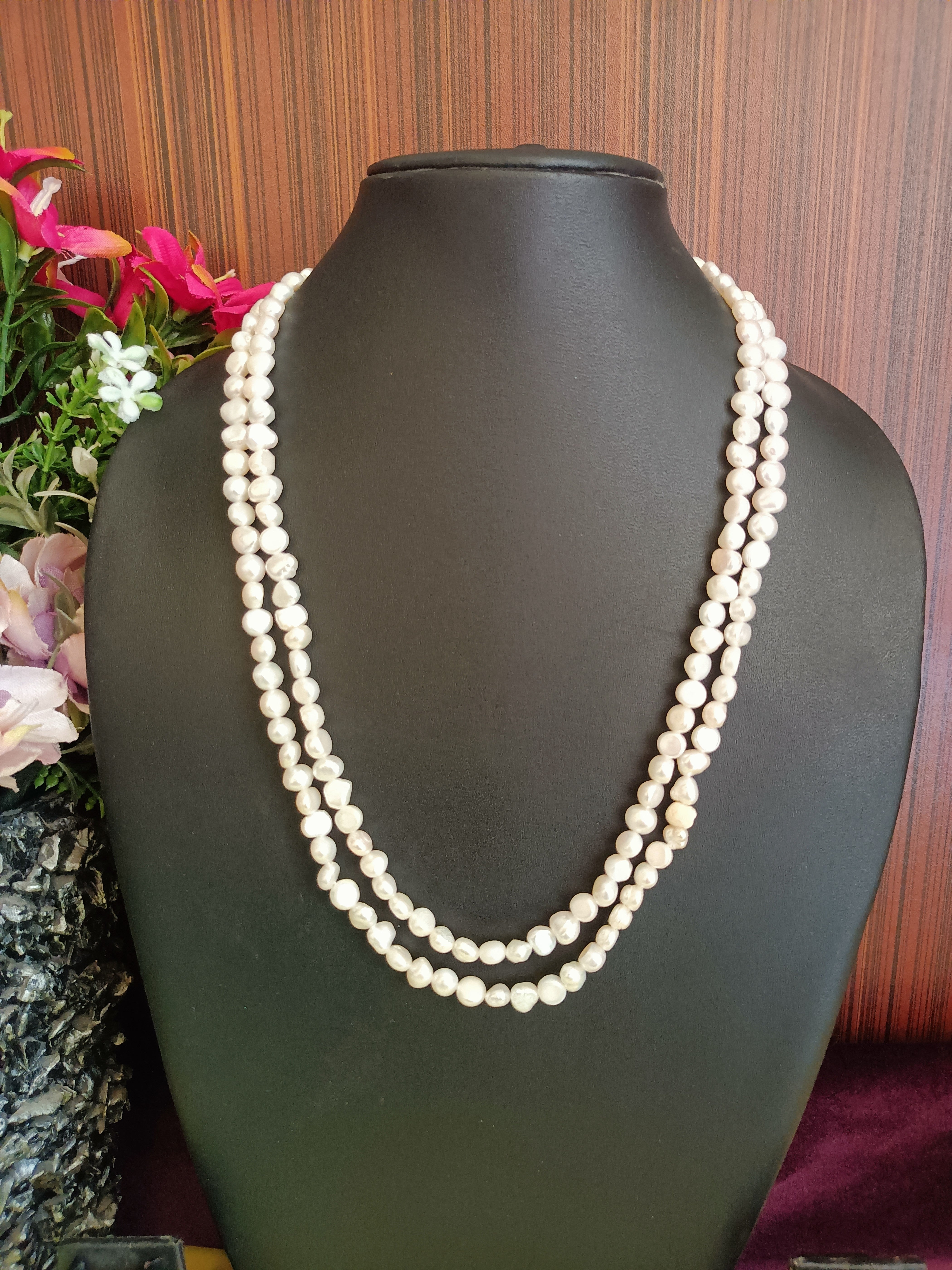 ★PEARLY MORE★ Small Pearl Point Surgical Two Line Necklace 0518NS048A100) Real White Pearl Two Line Quality Long Mala