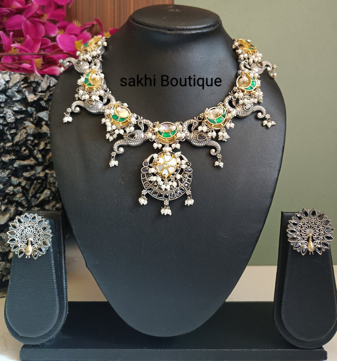 (0718NS012A200) SLA Pachi Kundan Peacock Dual Tone Designer Necklace