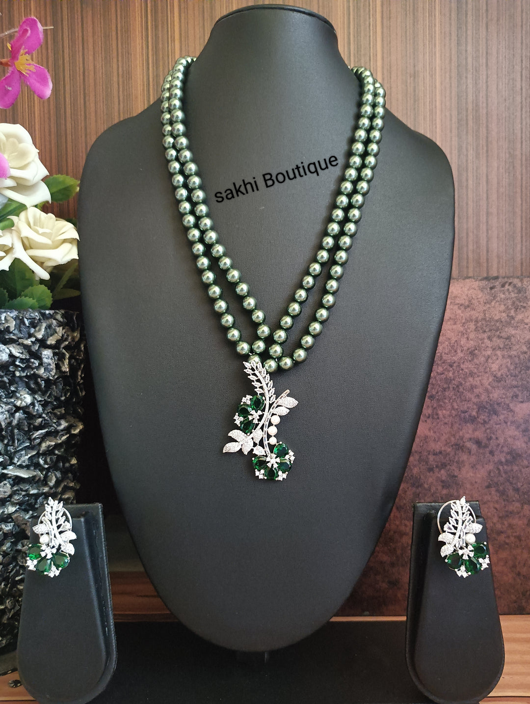 (5-18-NS29) AD Metallic Green Beads Long Designer Mala