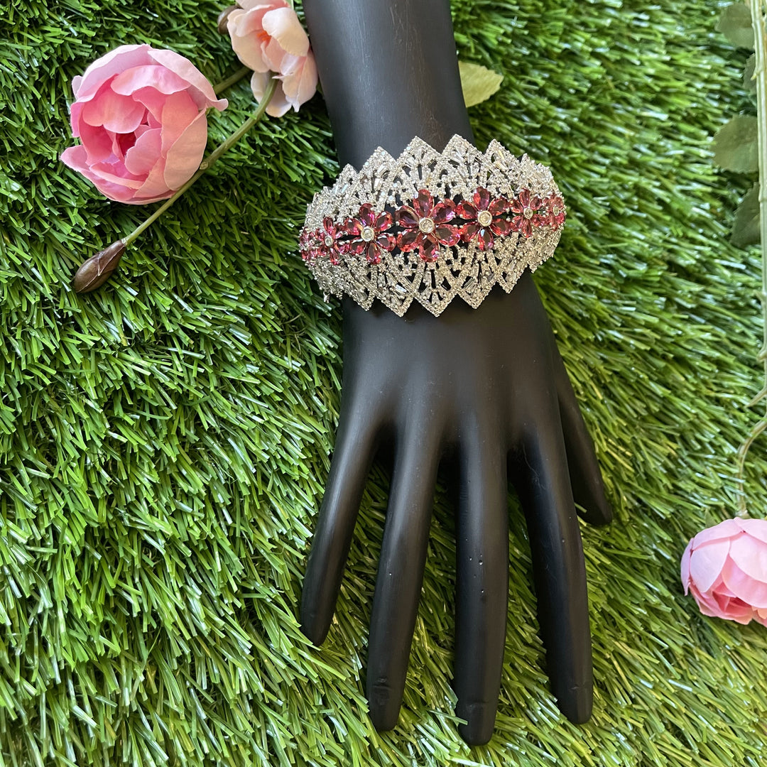 (5-33-BR9) AD Silver Wine Flower Statement Bracelet
