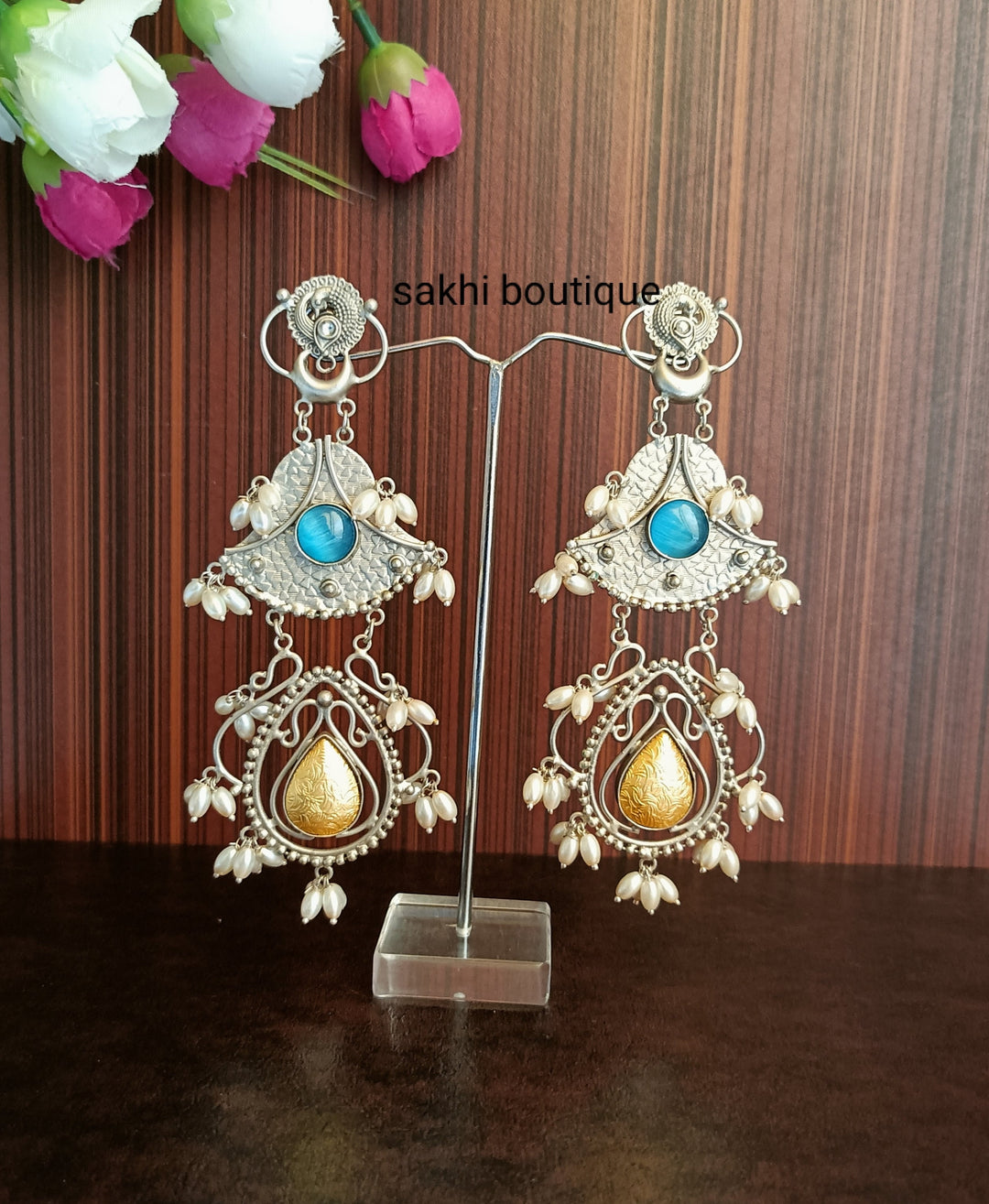 (2-31-ER3) 92.5 Silver coating Aqua Golden Long (5.00 Inch) Statement Earring