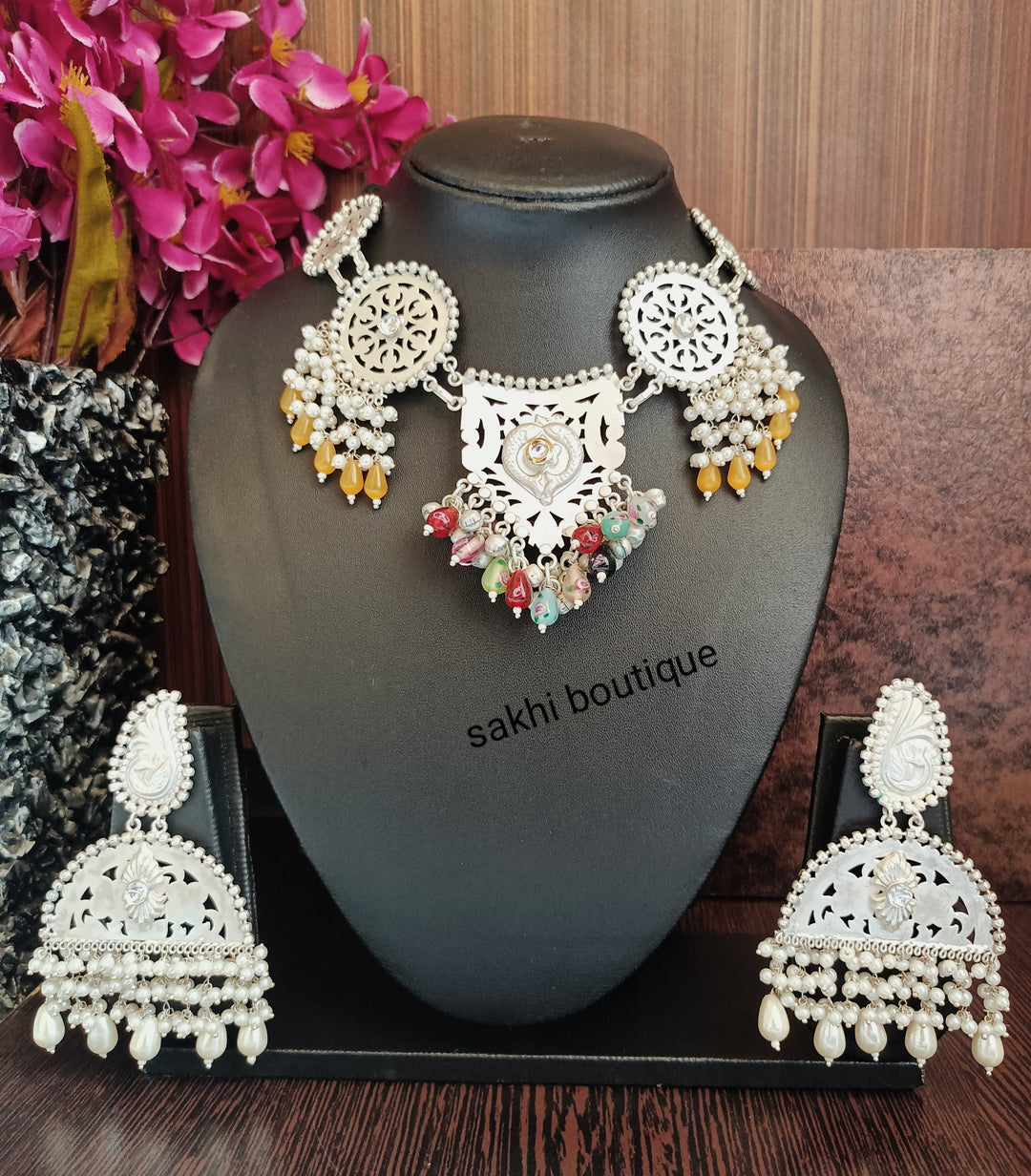 (2-30-NS2) 92.5 coating Multi Beads statement Necklace