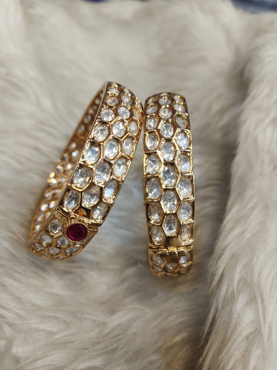 (1-18-KD6) Moissanite Kundan Three Line openable Kada in Pair
