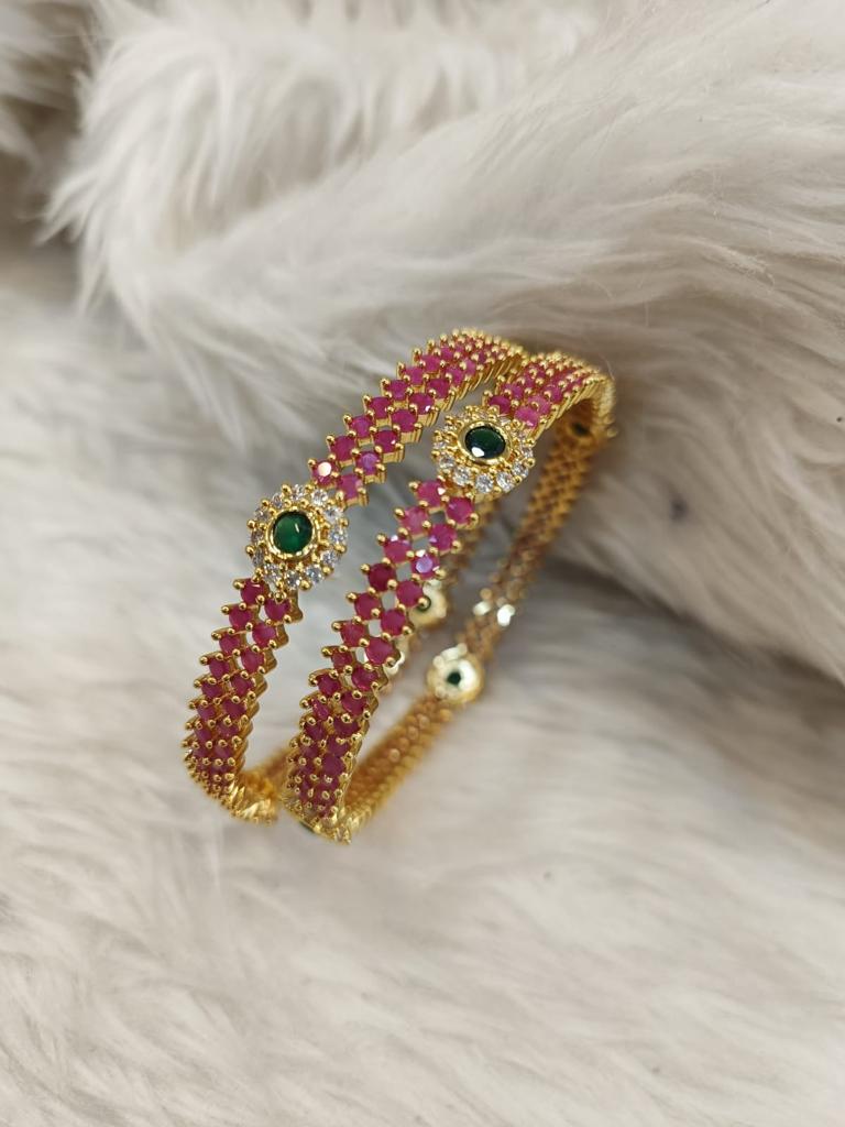 (5-18-BR1) AD Ruby Green Stone Bangle in Pair