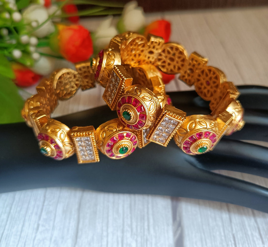 (7-14-KD1) Antique Gold Multi Stone Kada in Pair