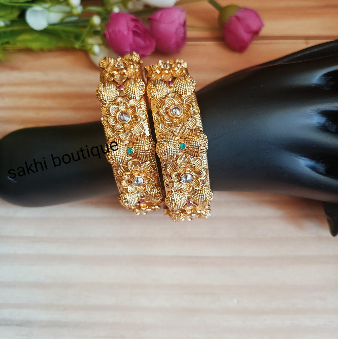 (7-13-KD1) Flower Antique Gold kada in Pair