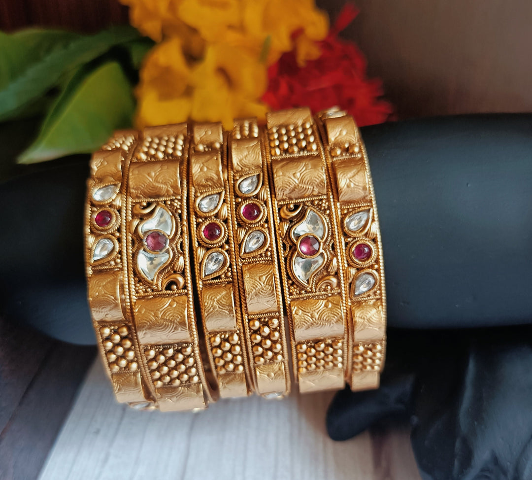 (7-14-BN1) Antique Pachi Kundan Ruby Stone Combo Bangle set