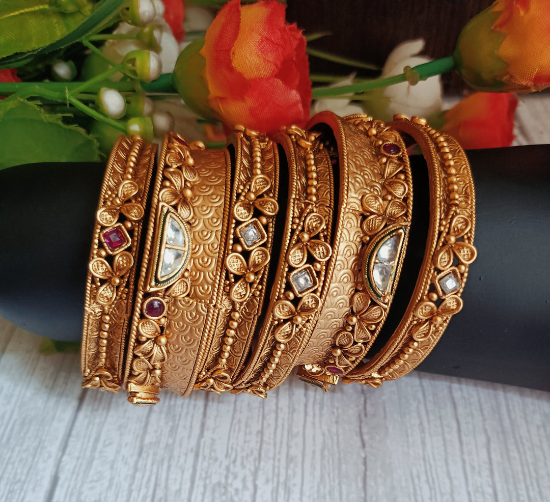 (7-14-BN3) Antique Gold Pachi Kundan Premium Bangle set