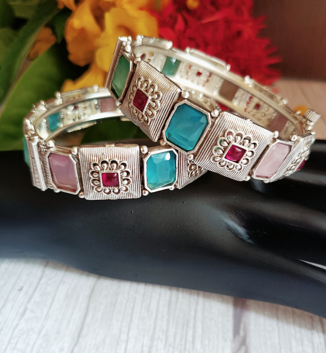 (7-14-KD2) Antique Silver Monalisa Stone Multi Kada in Pair