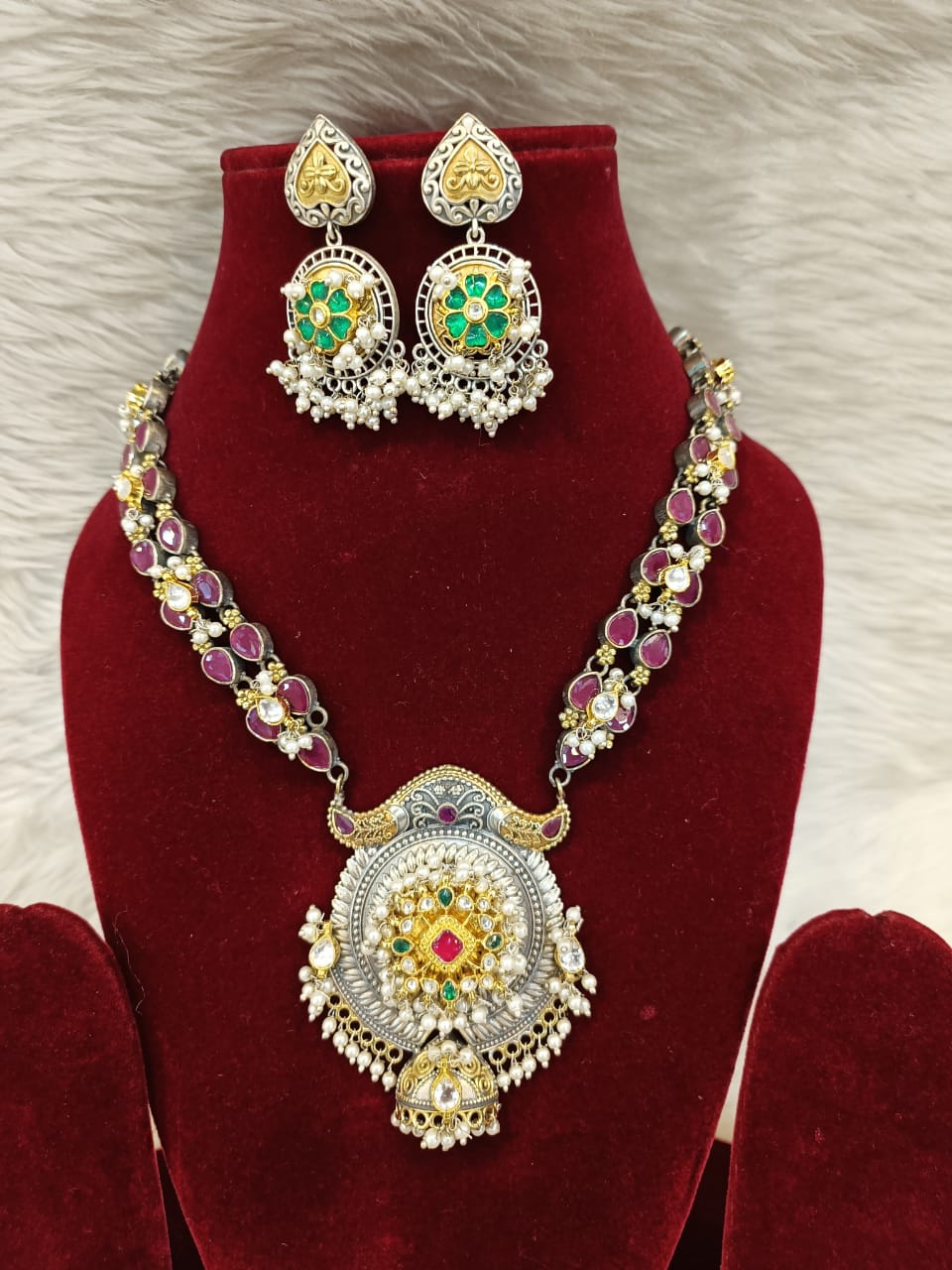 (1-18-NS2) ETHANIC SILVER FUSION PACHI KUNDAN PREMIUM NECKLACE