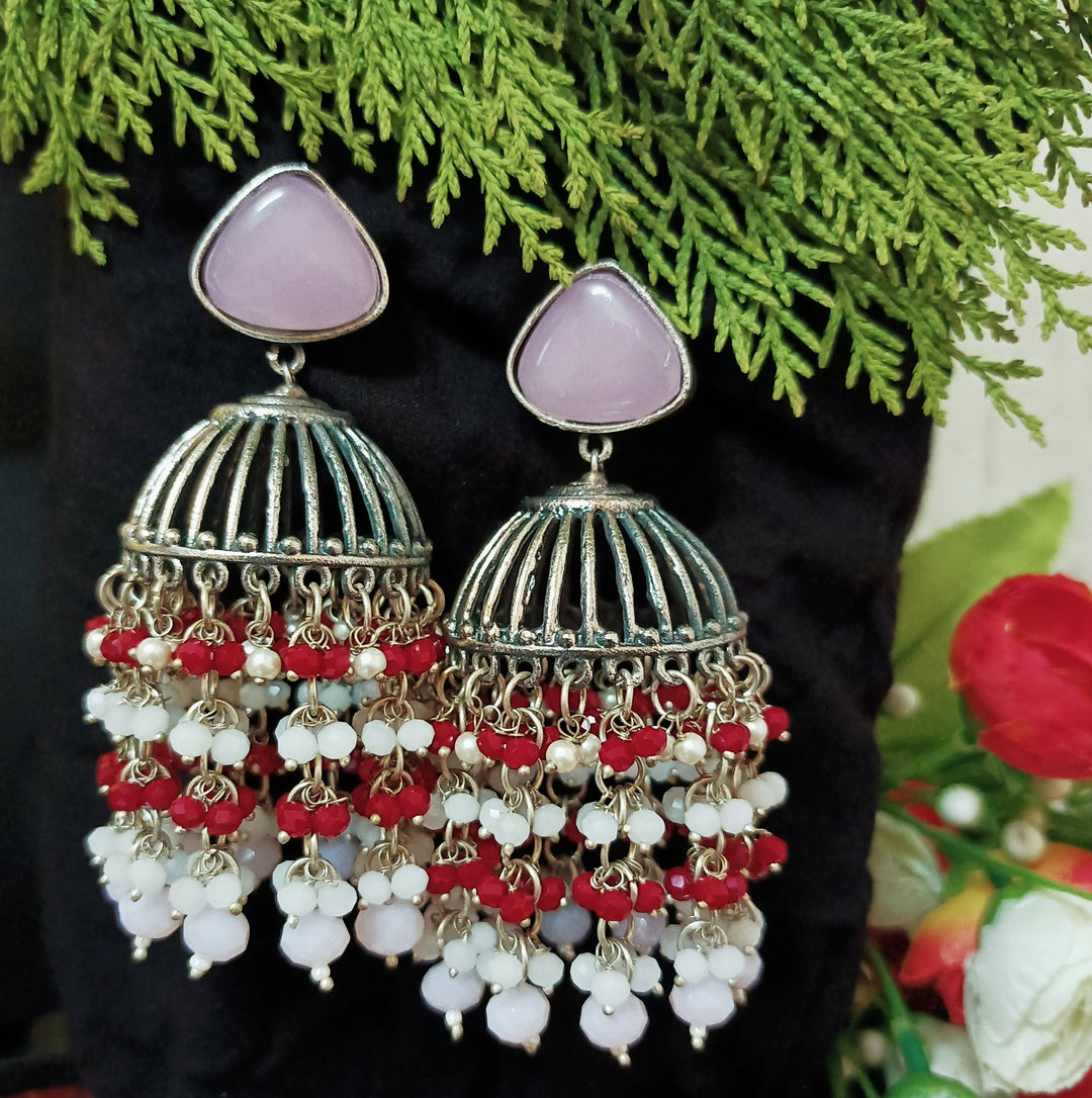 (3-18-ER2) Handmade Pink- Multi Beads Jumar Earing