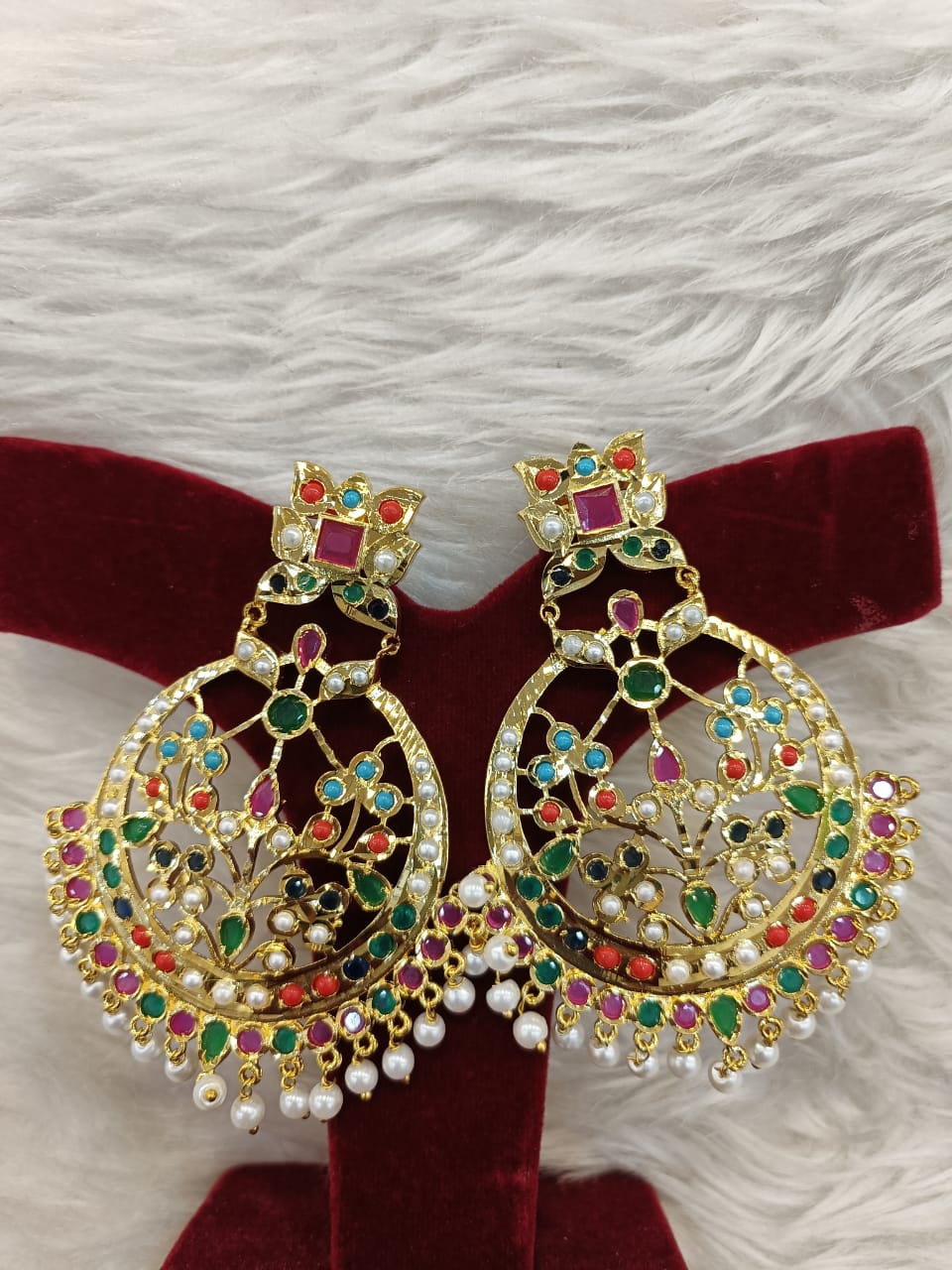 (3-18-ER16) Multi Jadau Chand Bali Earring