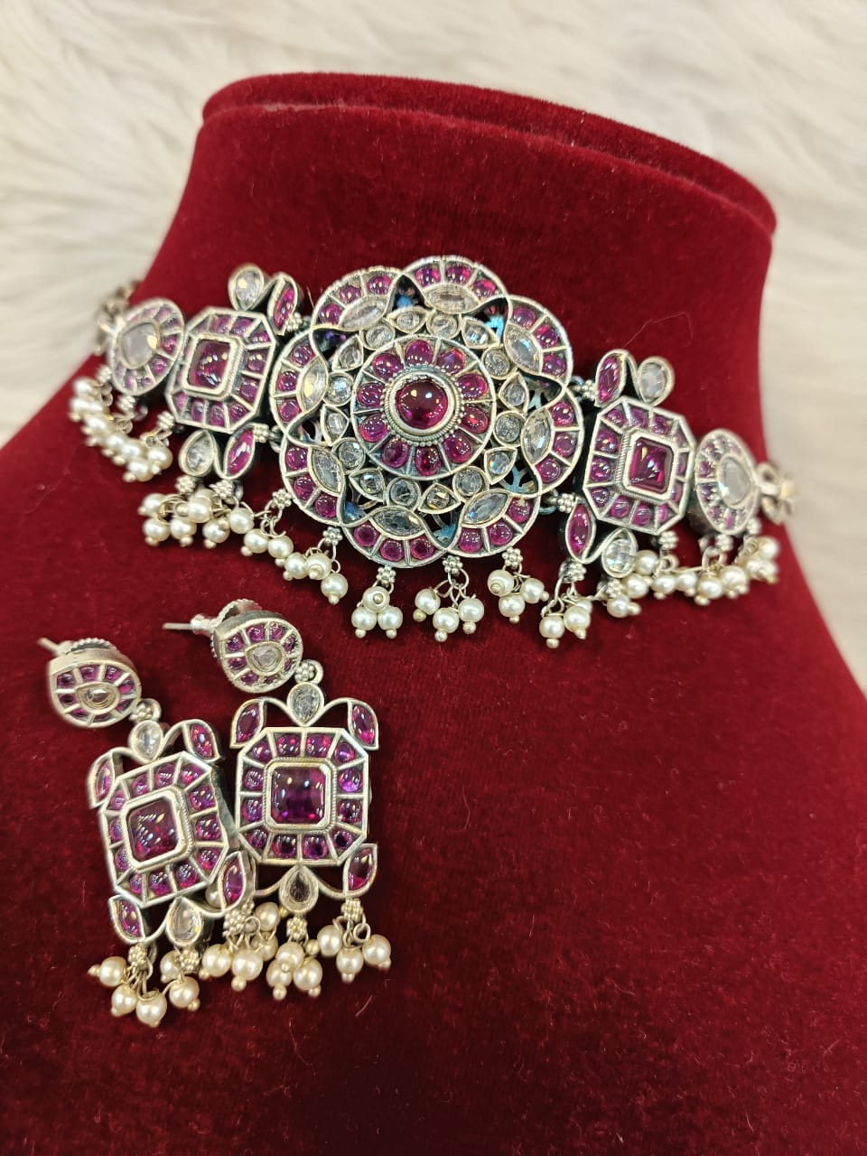 (3-18-NS30) Jadau Pink Monalisa Silver Statement Choker