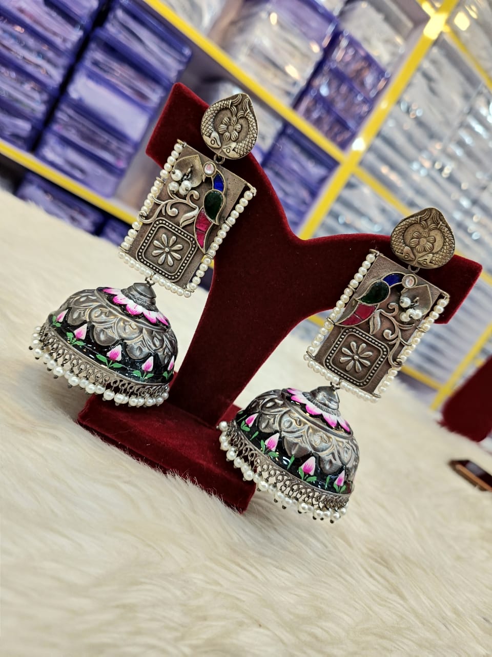 (8-18-ER8) Handmade Pachi Kundan Designer Long (4.5 inch) Jumka