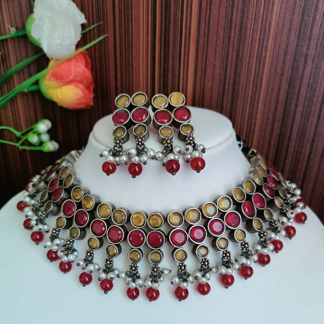 (8-30-NS18) SLA Red-Yellow Monalisa Stone Statement Choker