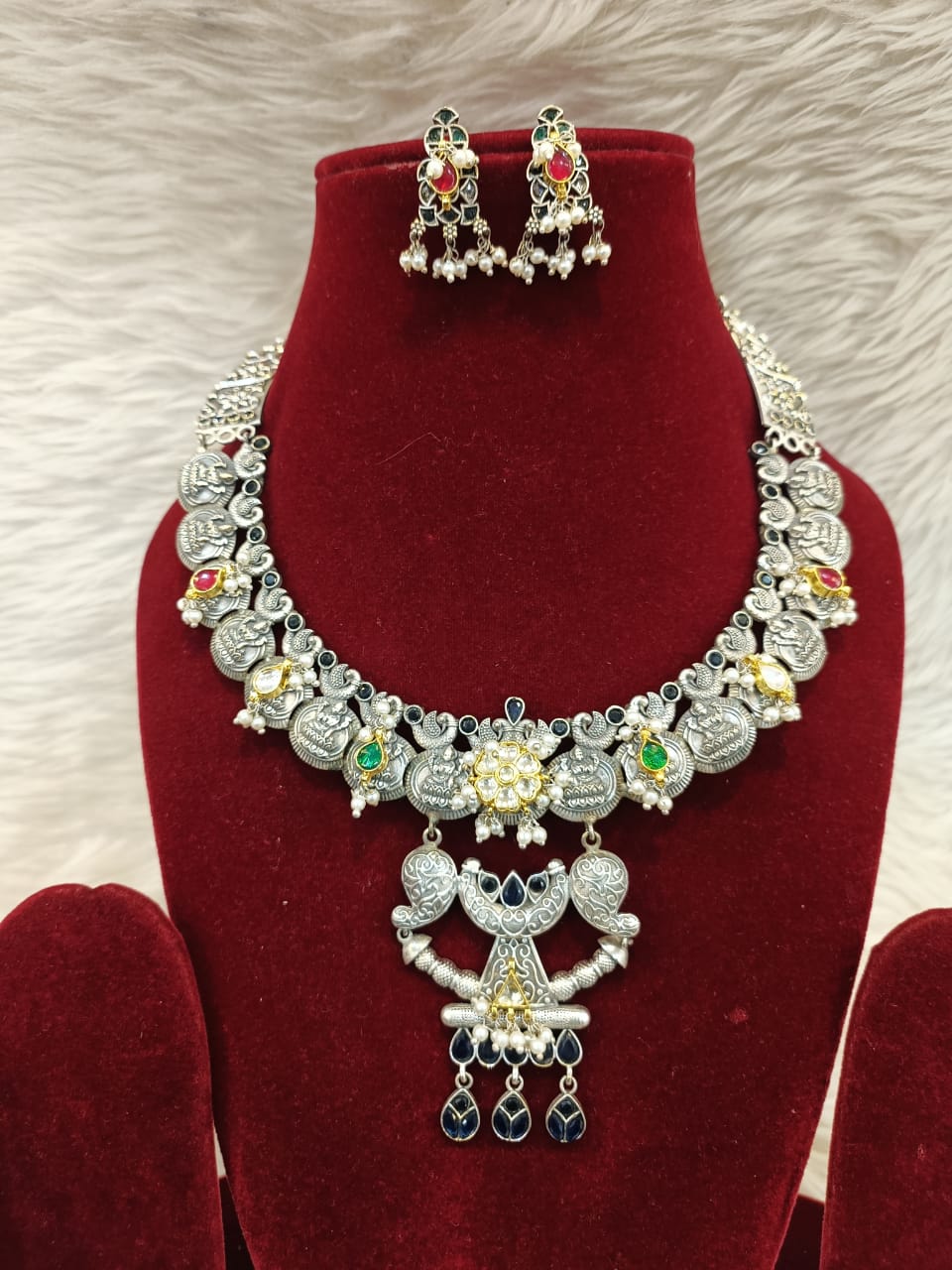 (3-18-NS27) Traditional Silver Pachi Kundan Temple Necklace