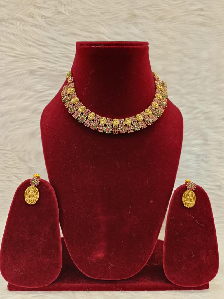 (5-18-NS24) Two Line Gold Temple With AD Necklace