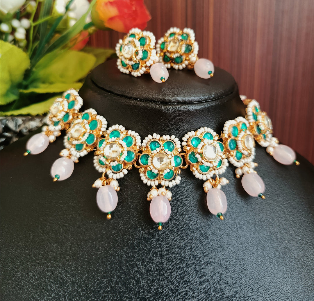 (1-14-NS4) PACHI KUNDAN TURQUOISE PINK BEADS CHOKER