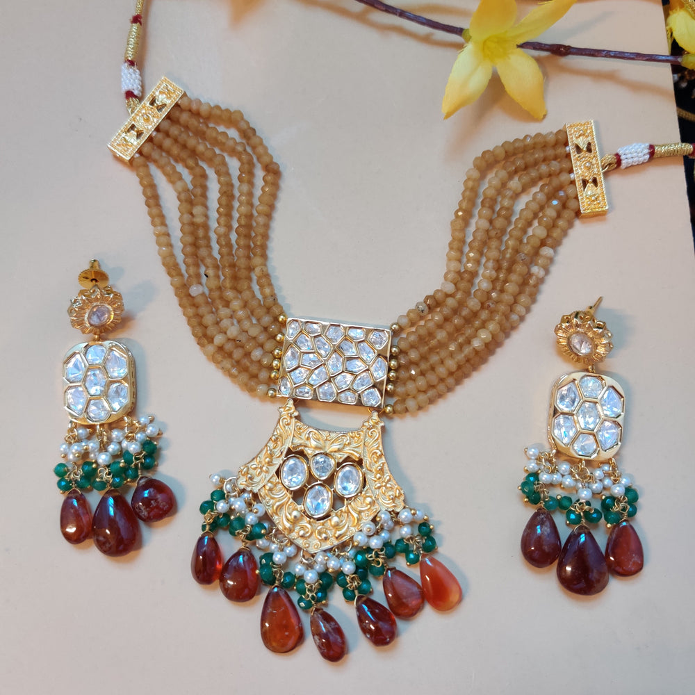 (0118NS044A100) Tyaani Kundan Meenakari Onyx Beads Necklace