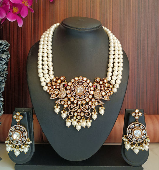 (0118NS052A100) Moissanite Kundan AD Peacock Statement Necklace Set