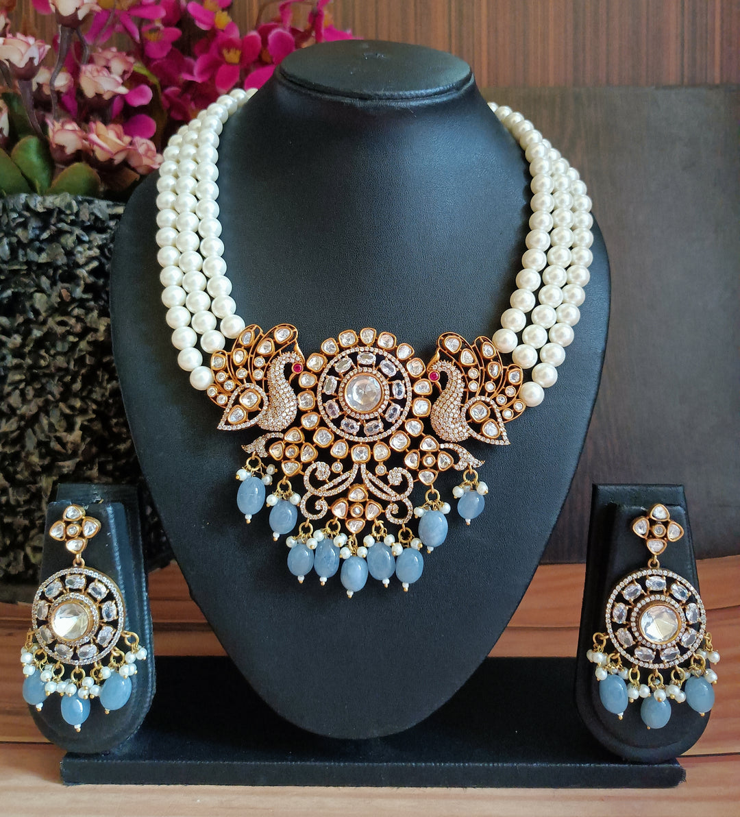 (0118NS052A100) Moissanite Kundan AD Peacock Statement Necklace Set