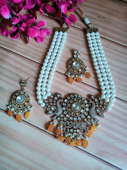 (0118NS052A100) Moissanite Kundan AD Peacock Statement Necklace Set