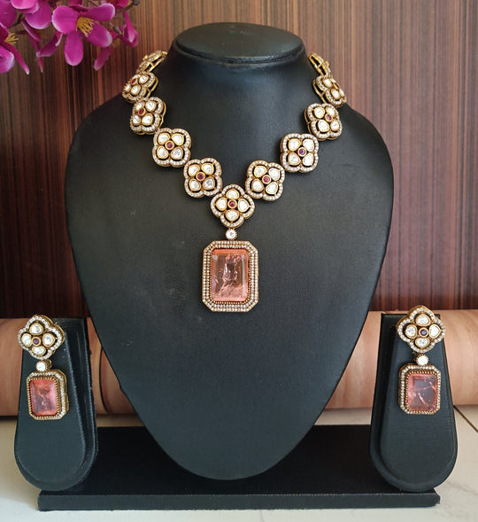 (0118NS056A100) Moissanite Kundan with  Doublet Stone Premium Necklace Set