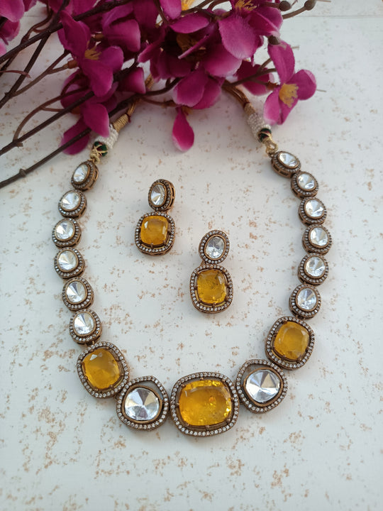 (0118NS059A100) Moissanite Kundan with Yellow Doublet Premium Necklace Set