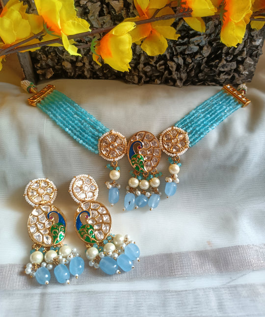 (0118NS062A100) Tyaani Kundan Peacock Necklace Set