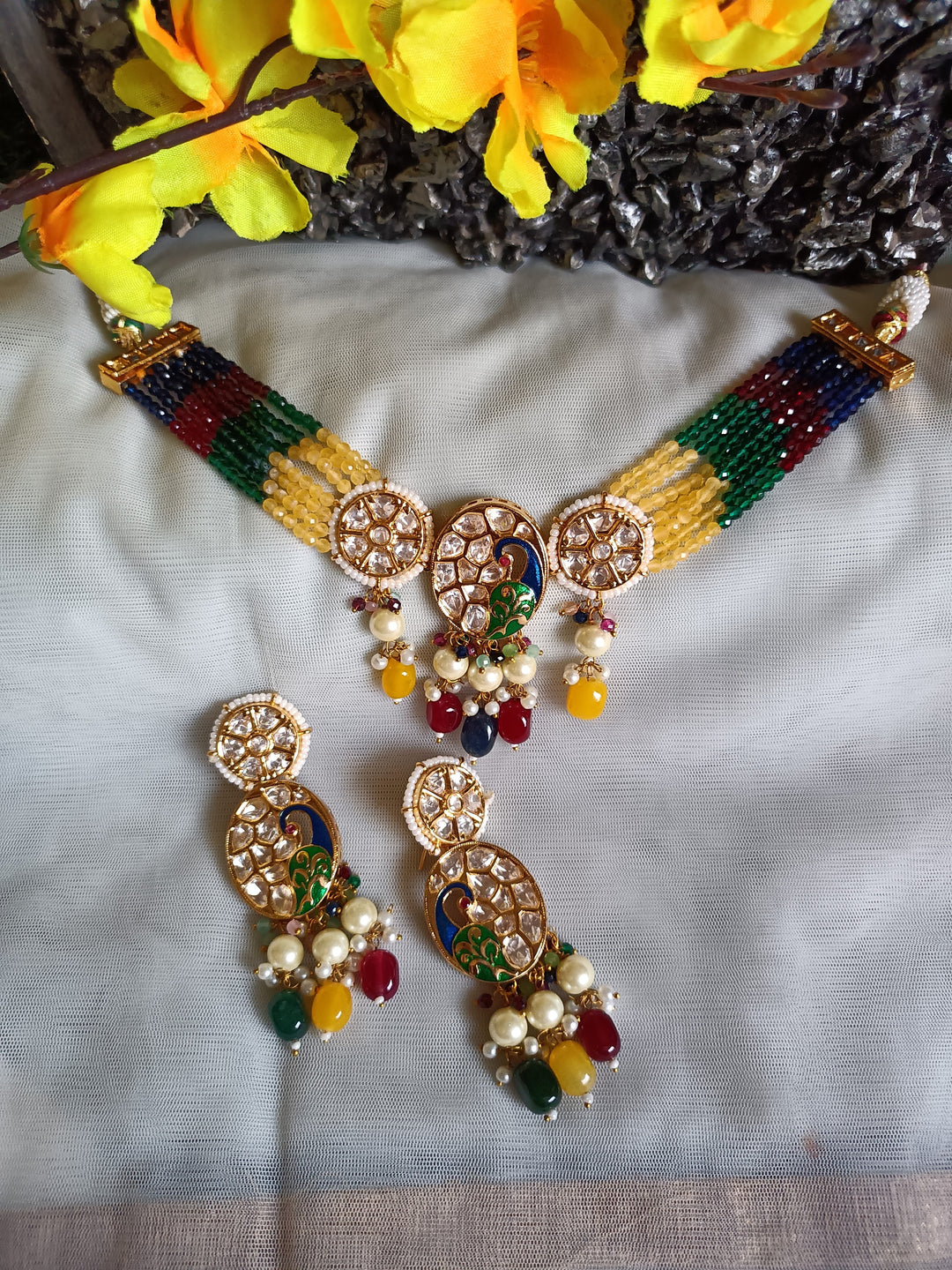 (0118NS062A100) Tyaani Kundan Peacock Necklace Set