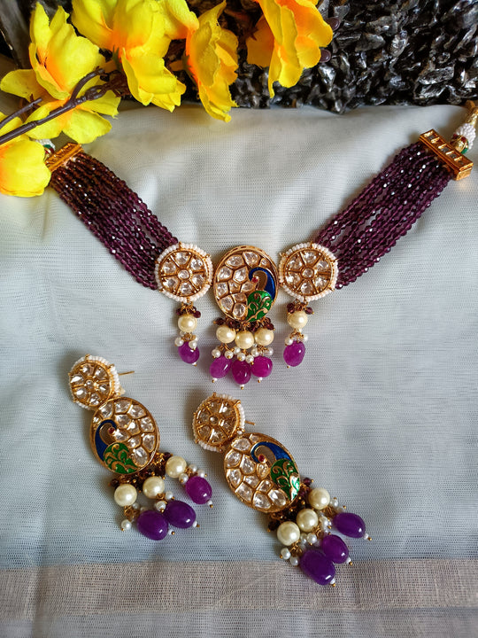 (0118NS062A100) Tyaani Kundan Peacock Necklace Set