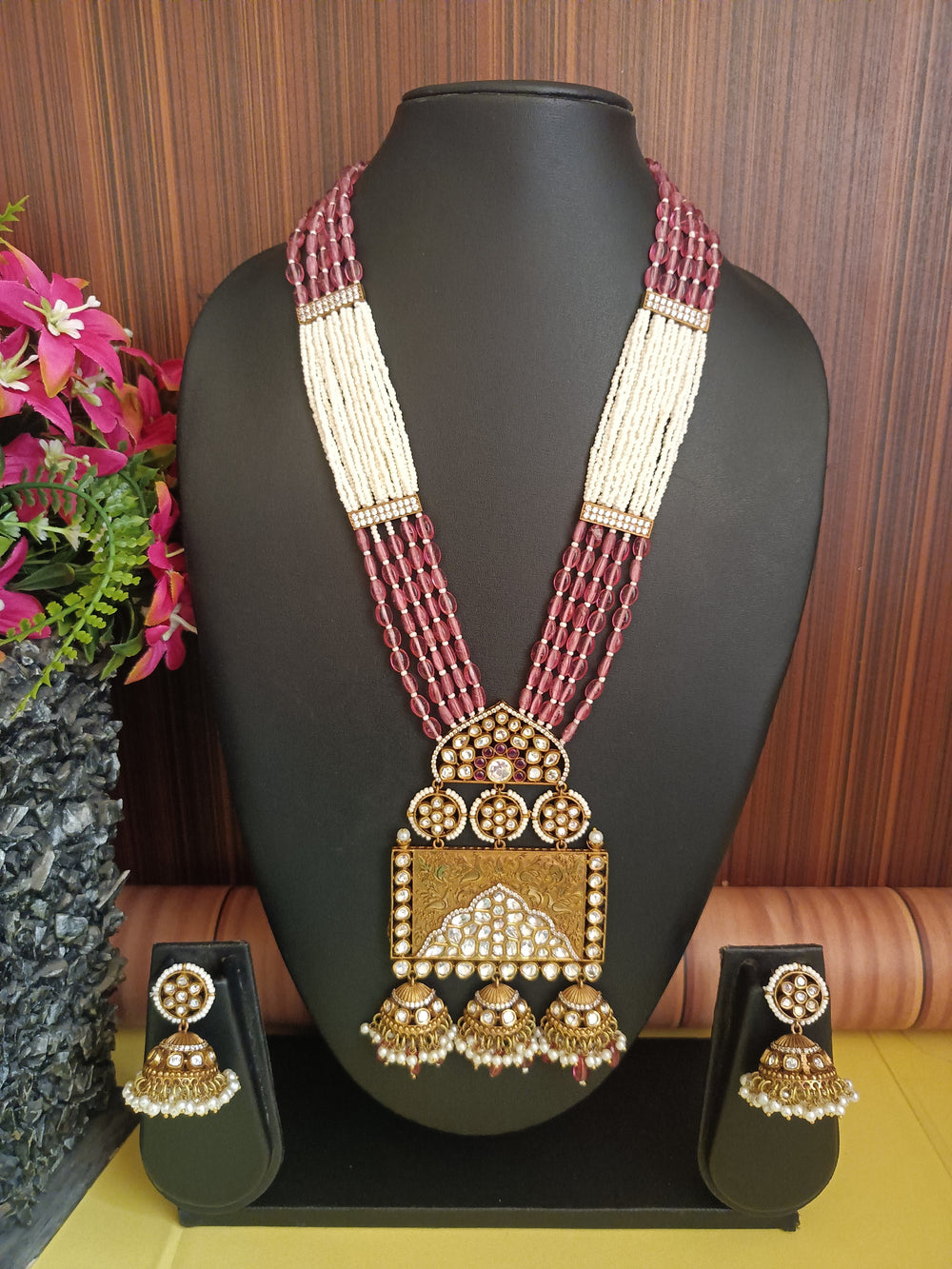 (0118NS068A100) Rajwadi Statement Moissanite Kundan Long Necklace Set With Jumki