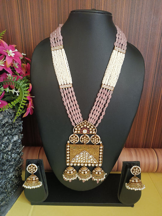 (0118NS068A100) Rajwadi Statement Moissanite Kundan Long Necklace Set With Jumki