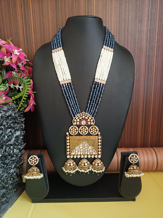 (0118NS068A100) Rajwadi Statement Moissanite Kundan Long Necklace Set With Jumki