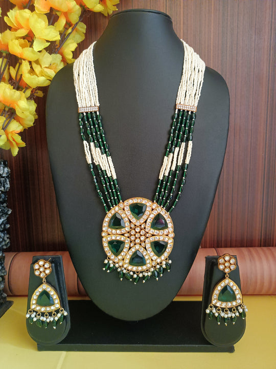 (0118NS072A100) Stunning Moissanite Kundan with Monalisa Big Pendent Mala Necklace Set