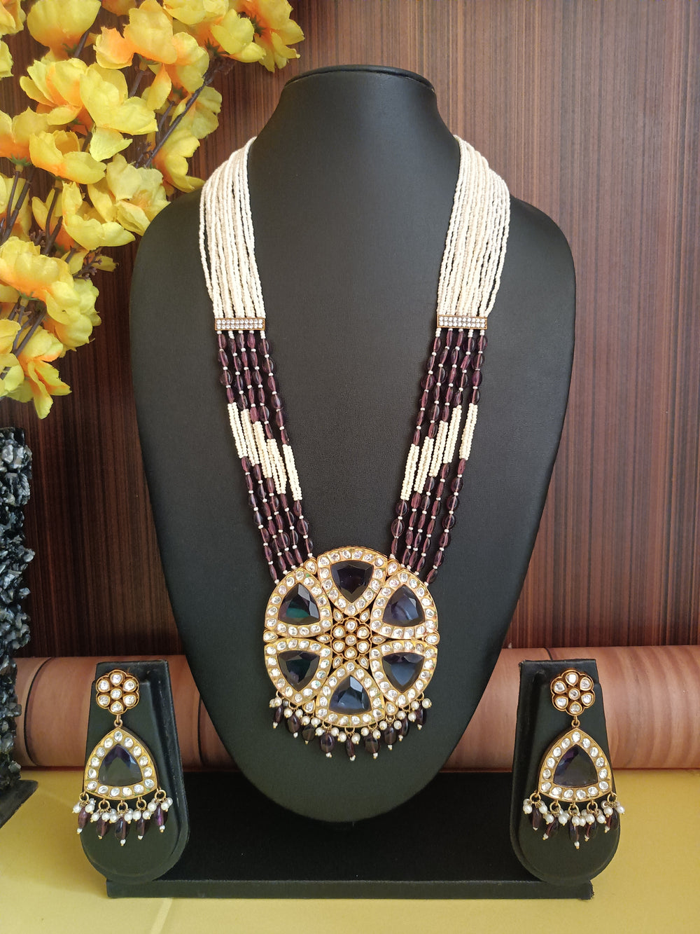 (0118NS072A100) Stunning Moissanite Kundan with Monalisa Big Pendent Mala Necklace Set