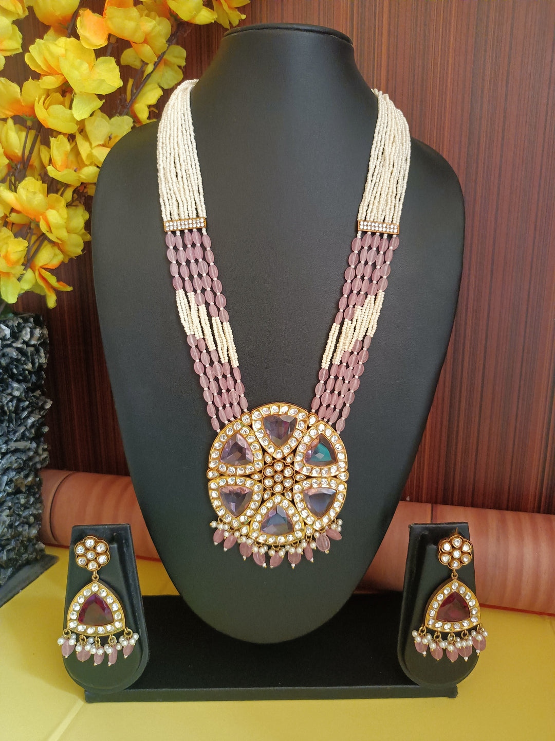 (0118NS072A100) Stunning Moissanite Kundan with Monalisa Big Pendent Mala Necklace Set