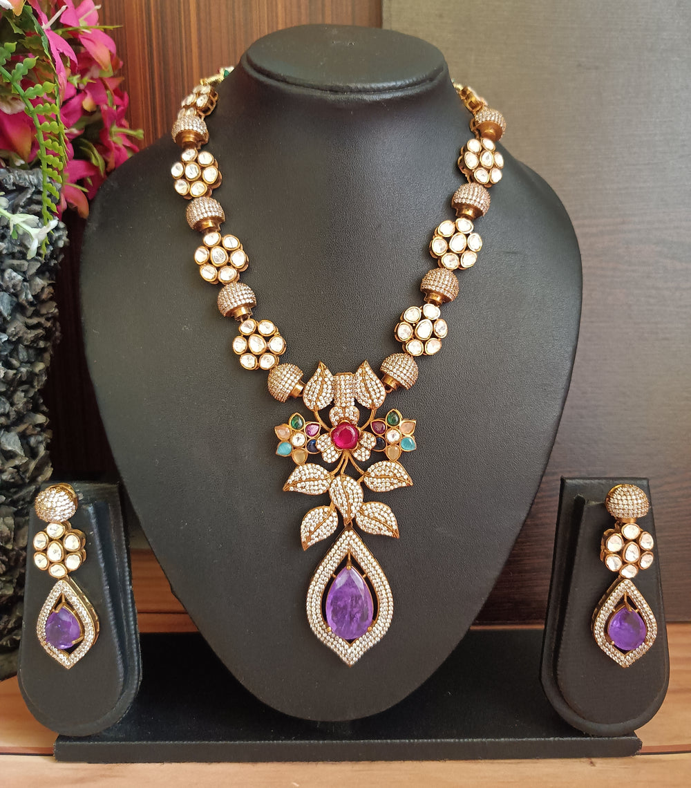 (0118NS076A100) Designer Moissanite Kundan Necklace Set with Doublet Stones