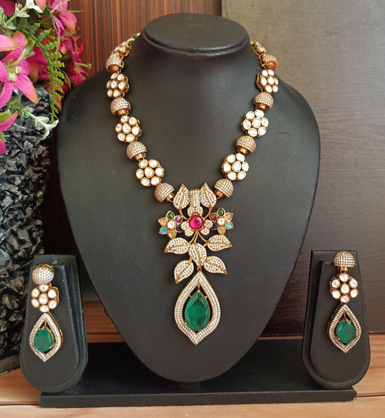 (0118NS076A100) Designer Moissanite Kundan Necklace Set with Doublet Stones