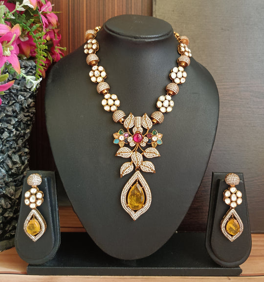 (0118NS076A100) Designer Moissanite Kundan Necklace Set with Doublet Stones