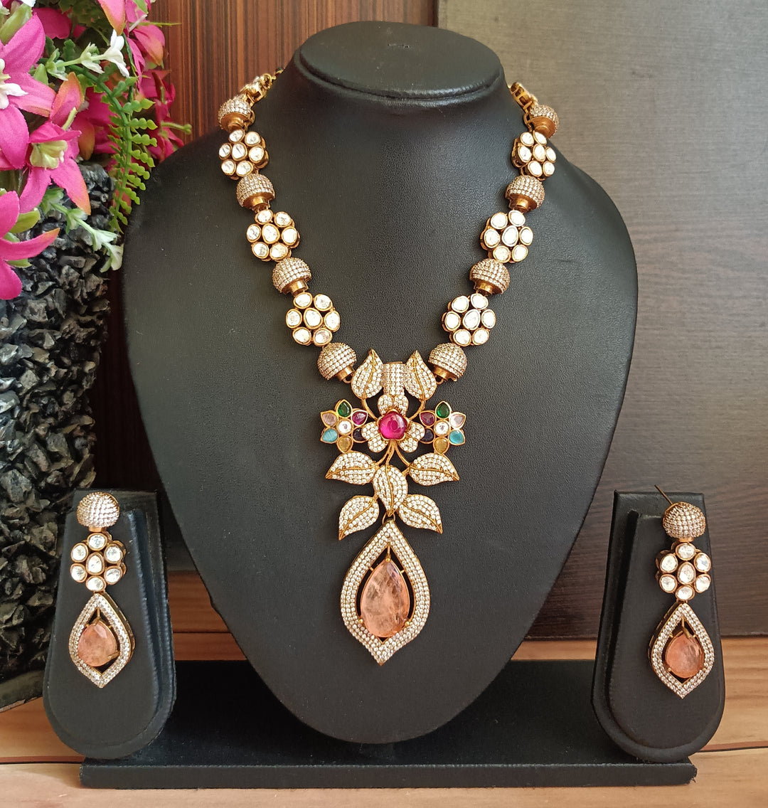 (0118NS076A100) Designer Moissanite Kundan Necklace Set with Doublet Stones