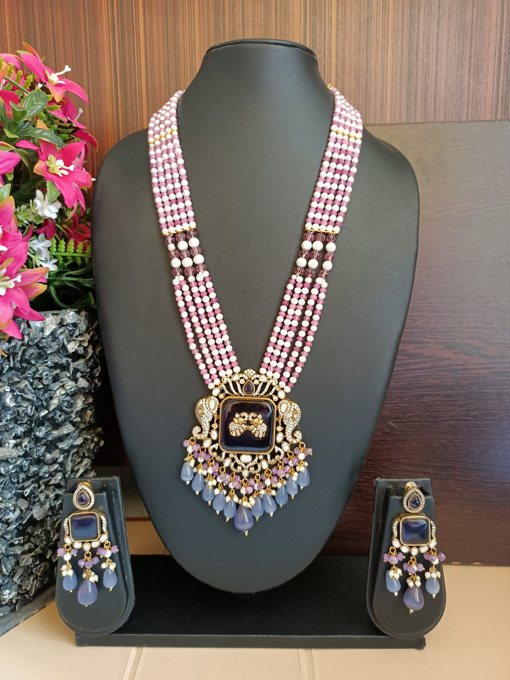(0318NS054A100) Designer Monalisa Stone AD Elephant Long Necklace Set