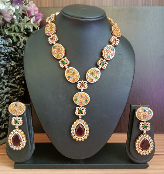 (0318NS059A100) American Diamond with Meena kari Stone Necklace