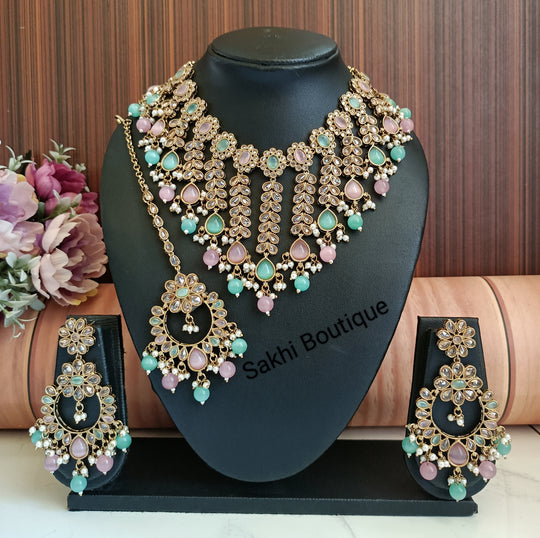 (0432NS001A100) Premium Quality Polki Combo Necklace Set