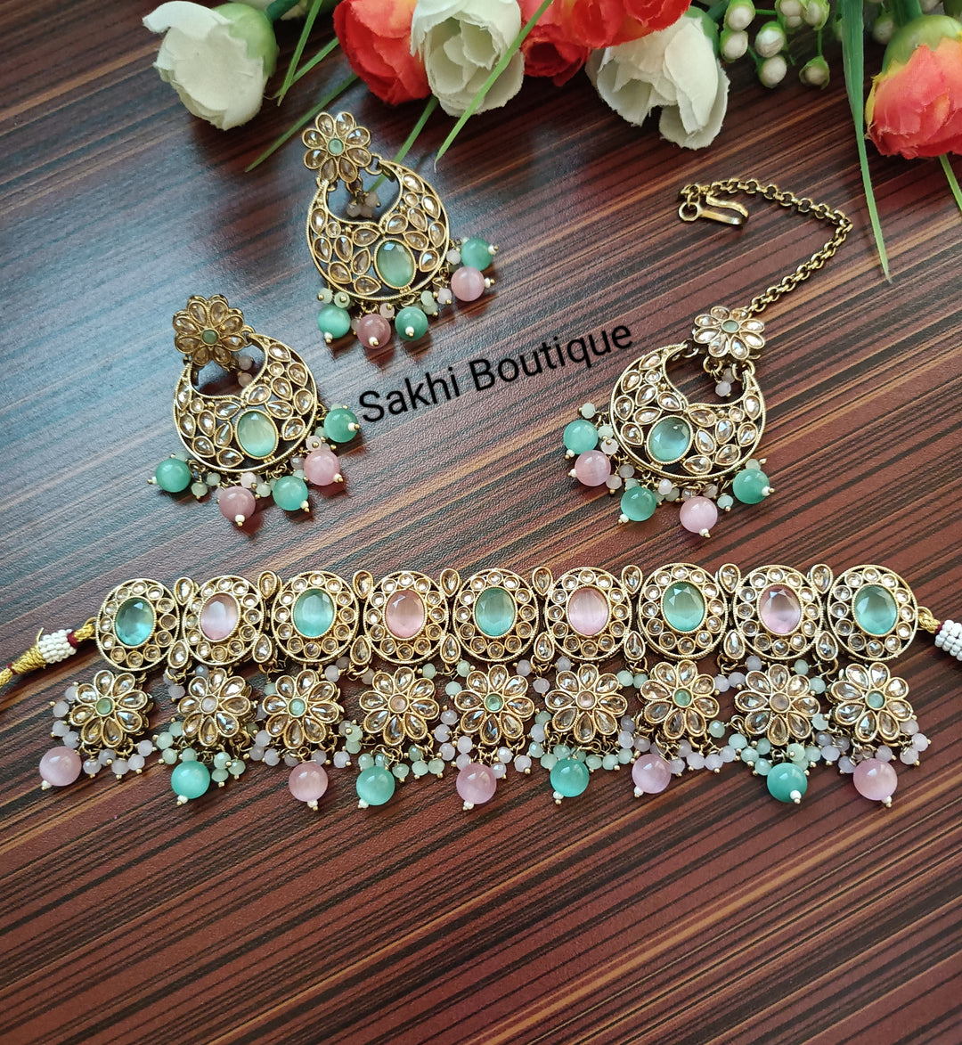 (0432NS002A100) Polki Combo Choker Necklace Set