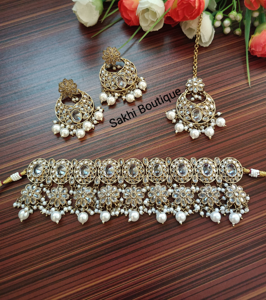 (0432NS002A100) Polki Combo Choker Necklace Set