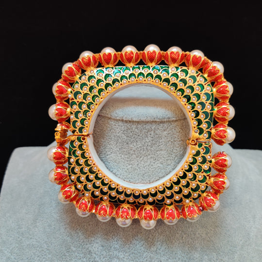 (0518BR0011A200) Square Red Green Rajwadi Meenakari Kundan Designer Kada (In Single)