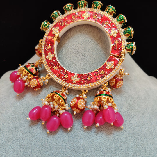 (0518BR004A200) Gold Plated Kundan Meenakari and Pearls Pacheli Single Kada