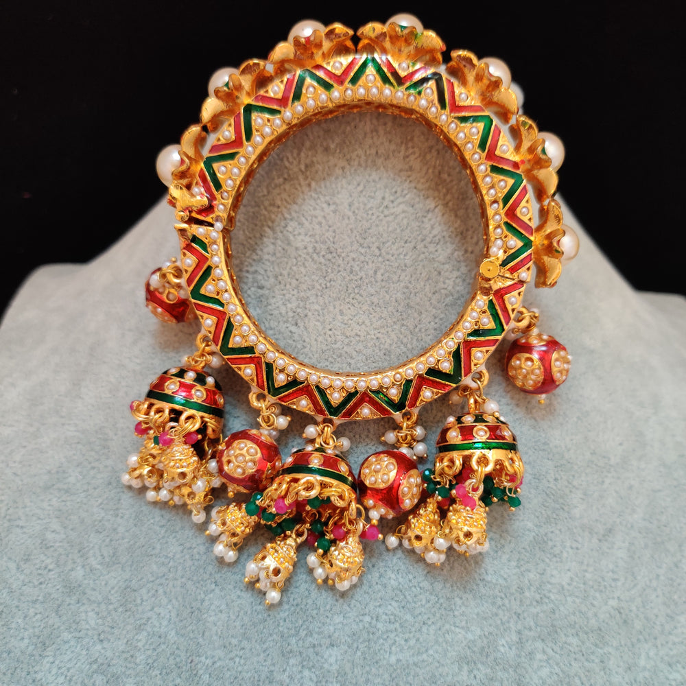 (0518BR004A200) Gold Plated Kundan Meenakari and Pearls Pacheli Single Kada