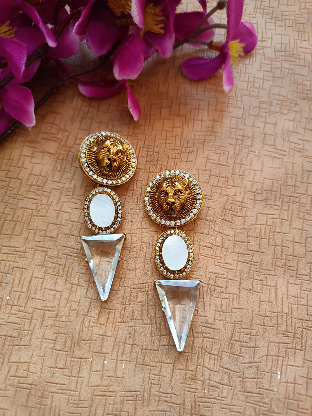 (0518ER007A100) Sabyasachi Inspired Natural Stone Lion Logo Earrings